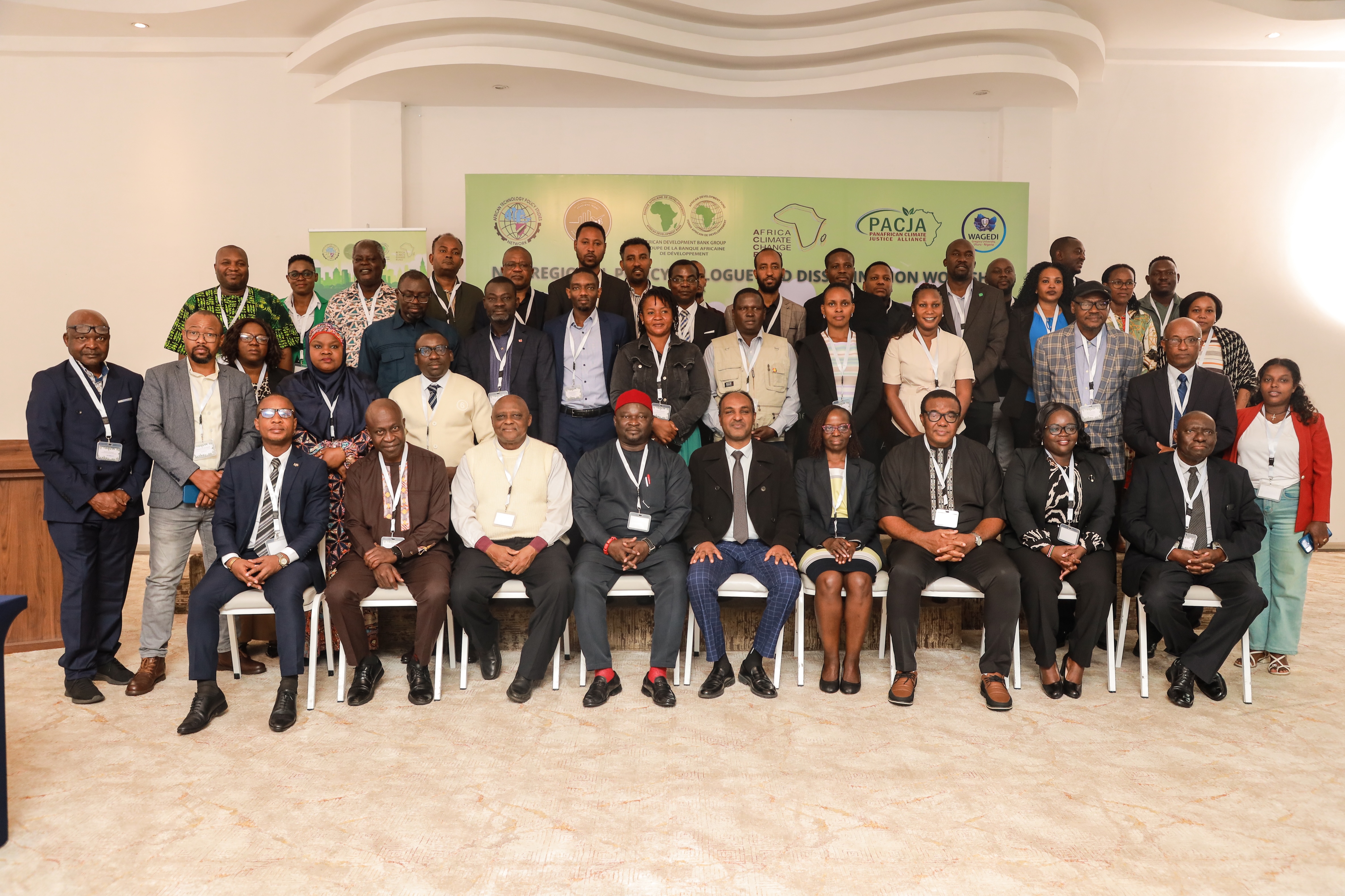 Delegates at the NDC Regional Policy and Dissemination Workshop held in Addis Ababa, Ethiopia. Sitting at the centre is H.E. Mr. Seyoum Mekonen, Honourable Minister for Planning and Development, Ethiopia, and Prof. Nicholas Ozor, Executive Director, African Technology Policy Studies Network (ATPS) on his right